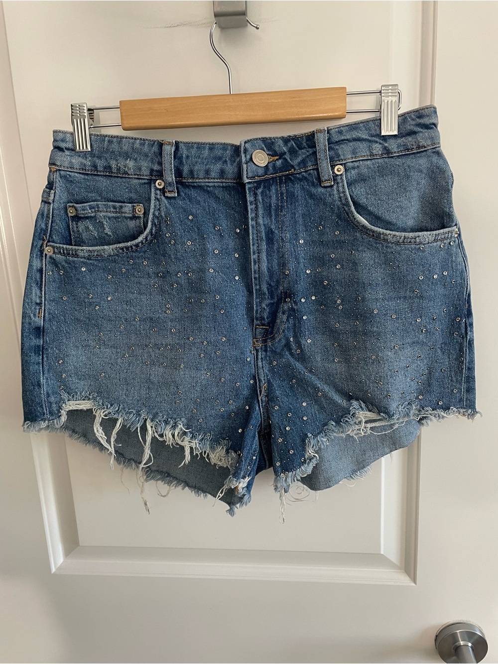 Zara Blue Studded Distressed Denim Shorts